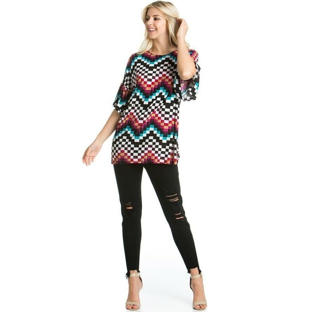 AZULES O'Neck Small Red Chevron Print Bell Sleave Popover Top - Picture 2 of 6